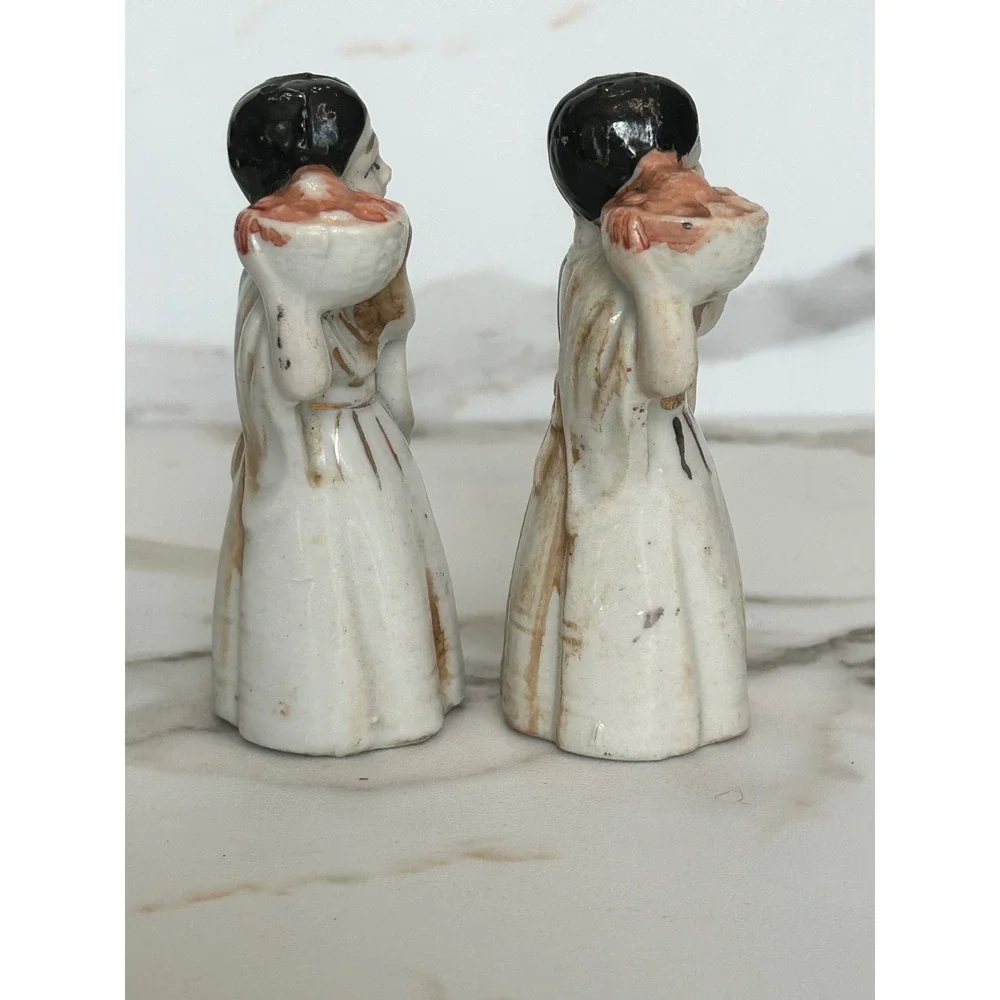 Vintage Ceramic Salt and Pepper Shakers Asian Women with Fruit Baskets Gold Trim